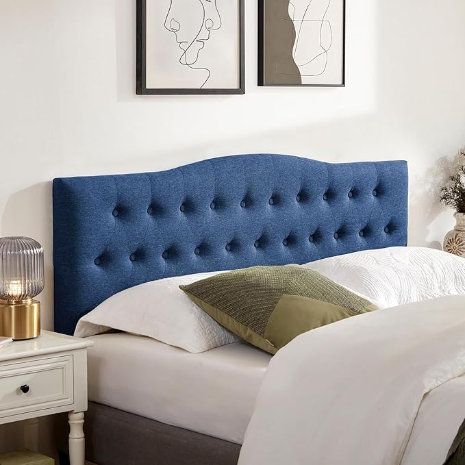 Tufted Headboard King Size, Solid Wood Adjustable Height Head Board, Blue | Upholstered King Headboard Only with Durable Solid Wood Legs, Adjustable Height 37-51 in, Fabric Button Diamond HeadBoards