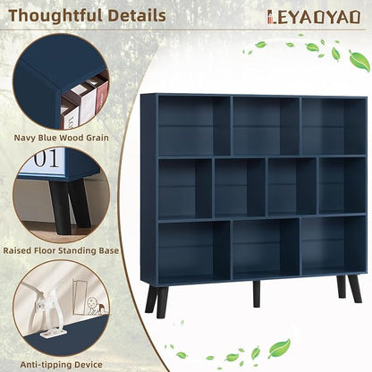 LEYAOYAO 10 Cube Bookshelf,3 Tier Modern Wide Bookcase with Legs,Mid-Century Wood Bookshelves Storage,Dark Blue Large Book Case,Freestanding Organizer Display Shelf for Bedroom,Living Room,Office