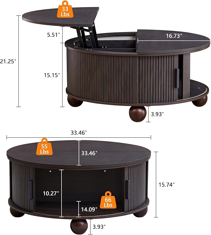 Round Lift Top Coffee Table with Hidden Storage, 33.5'' Mid-Century Fluted Coffee Table with Sliding Tambour Door Solid Wood Legs, Circle Center Table for Living Room, Small Space (Smoked Dark Brown)