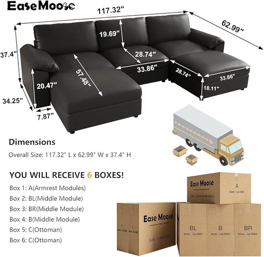 EASE MOOSE Deep Seat Sectional Couch, Scratch Resistant Faux Leather Material, 5-Seat Oversized Modular Sofa for Living Room,U Shaped Classic Comfy Sofas for Living Room,Black