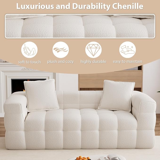 68.7" Loveseat Boneless Couch,Comfy Cloud Sectional Sofa with Deep Seat,Modern Upholstered Chenille Love Seat Sofa, Small Couches for Living Room, No Assembly Required Tufted Sofas, Beige White