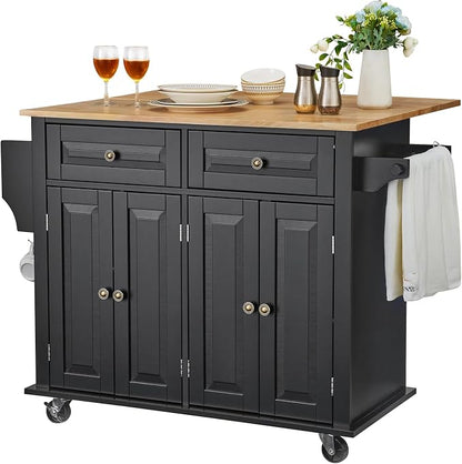 VEVOR Kitchen Island Cart, 35" Wood Top Mobile Carts with Storage Cabinet, Rolling Table with Drop Leaf, Spice Rack, Towel Bar, Adjustable Shelf, Drawer, and Hooks, Portable Islands on Wheels, Black