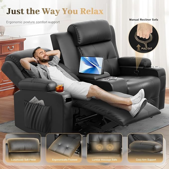 Reclining Loveseat, 1 Massage Loveseat Recliner Sofa Heavy Weight Capacity, RV Love Seat Clearance with Console, USB, Type C Port, Storage, Cup Holders, 2 Single Power Recliner Chairs Heat & Massage