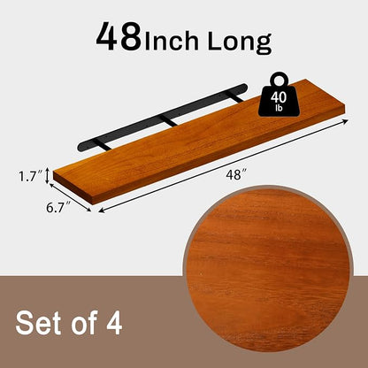 Floating Shelves for Wall, 48 Inch Extra Long Brown Wall Shelves, Set of 4, Hanging Invisible Brackets Floating Shelves for Living Room,Bedroom,and Kitchen