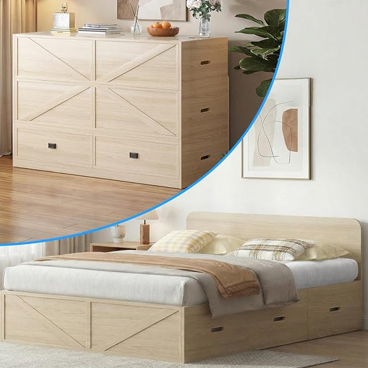 PUREMIND Murphy Bed Full with Mattress Included, Wood Cabinet Bed with Dual Storage Drawers & 2 Pillows, 3-in-1 Convertible Sofa Beds for Small Space, Guest Room, Natural