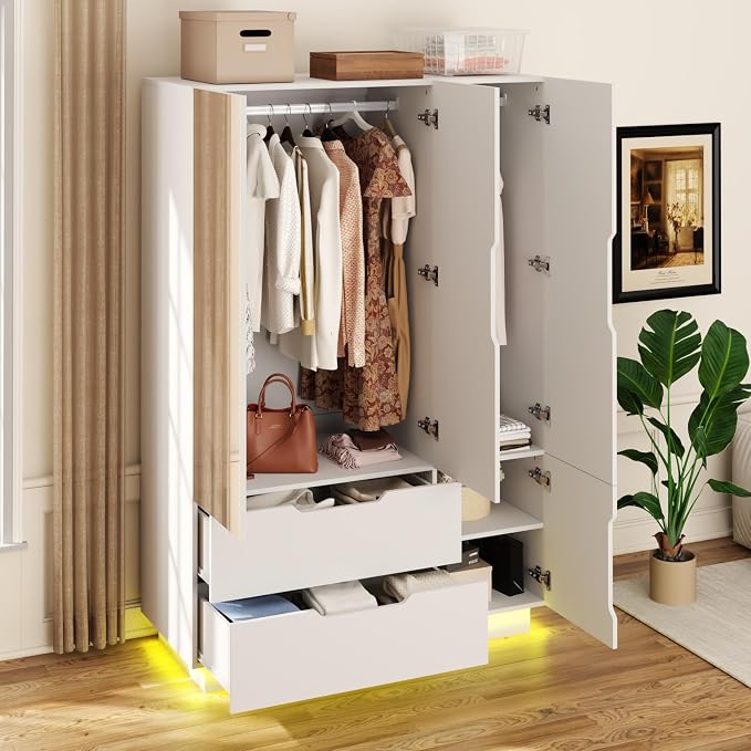 Hlivelood 3 Doors Armoire Wardrobe Closet with Mirror,2 Large Drawers, LED Light Wood Wardrobe Closet, Armoire with Hanging Rod for Bedroom, White