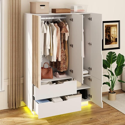 Hlivelood 3 Doors Armoire Wardrobe Closet with Mirror,2 Large Drawers, LED Light Wood Wardrobe Closet, Armoire with Hanging Rod for Bedroom, White