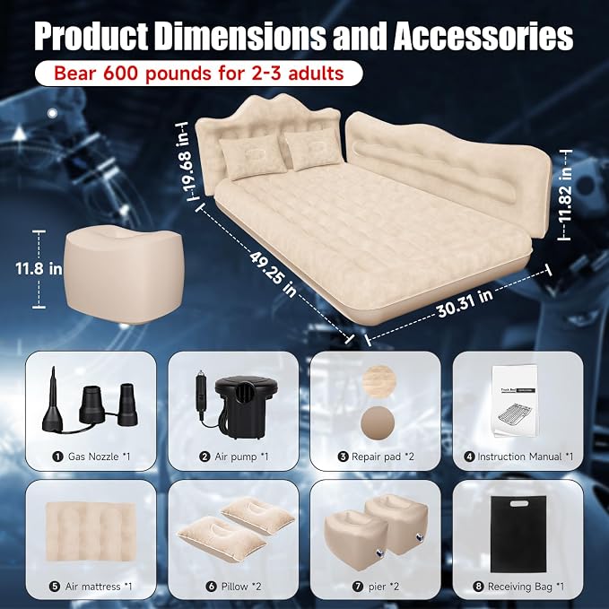 Car Air Mattress, Inflatable SUV Truck Air Mattress Back Seat Camping Bed Thickened Car Sleeping Pad for Travel, Car Bed SUV Mattress with Air Pump 2 Pillows