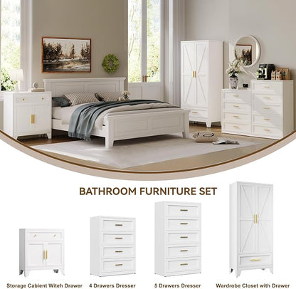 YAUWOH Farmhouse Wardrobe Cabinet,Metal Wardrobe Closet with Hanging Rod,Metal Armoire with Adjustable Shelves for Bedroom,Cloak Room,Office (White)