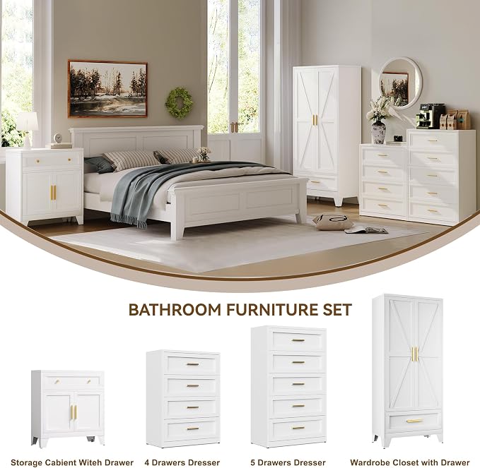 YAUWOH Farmhouse Wardrobe Cabinet,Metal Wardrobe Closet with Hanging Rod,Metal Armoire with Adjustable Shelves for Bedroom, Cloak Room,Office (White)