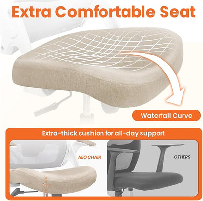 NEO CHAIR Office Desk Gaming Chair Computer High Back Mesh Seat with Rolling Wheels Ergonomic Adjustable Comfy Flip-up Armrests Lumbar Support Height for Home (Beige White Frame)