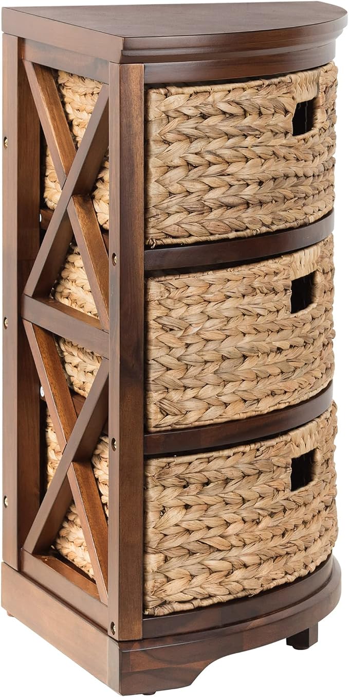 eHemco Hampton Meadows 3 Tier X-Side Corner Table Storage Cabinet, Walnut | 3 Wicker Baskets