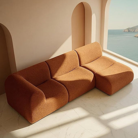 Curved Sectional Modular Couch with Chaise, Modern 105.91'' Boneless Sofa with Deep Seat, Sherpa Boucle Cloud Couch for Living Room, Cozy Teddy L-Shaped Couches, No Assembly, Brown