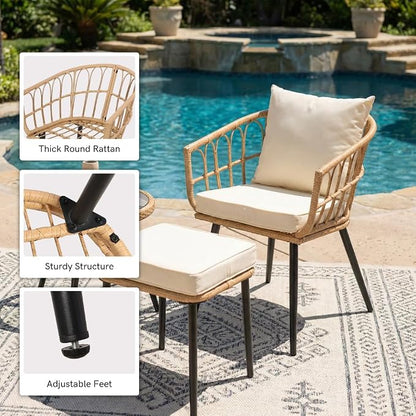 5 Piece Patio Furniture Set, Outdoor Wicker Small Conversation Bistro Set, All-Weather PE Rattan Chairs with Ottoman & Coffee Table, Ideal for Balcony Porch Deck Yard Poolside