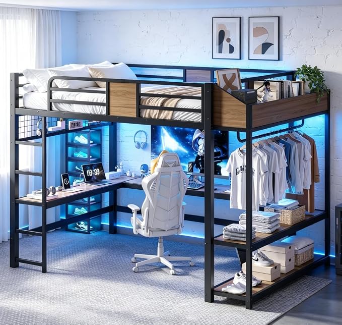 Bellemave Queen Size Loft Bed with Desk and USB Ports, Clothes Hanging Rod, LED, Metal Full Loft Bed Frame for Adults, Kids, Teens, Black