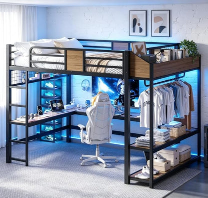 Bellemave Queen Size Loft Bed with Desk and USB Ports, Clothes Hanging Rod, LED, Metal Full Loft Bed Frame for Adults, Kids, Teens, Black