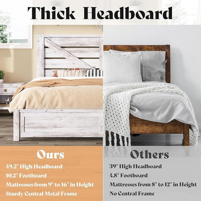 AMERLIFE Full Size Bed Frame with 49.2" Barn Door Headboard and Footboard, Farmhouse Platform Bed Frame with Wood Slats, No Box Spring Needed, Under Bed Storage, Distressed White