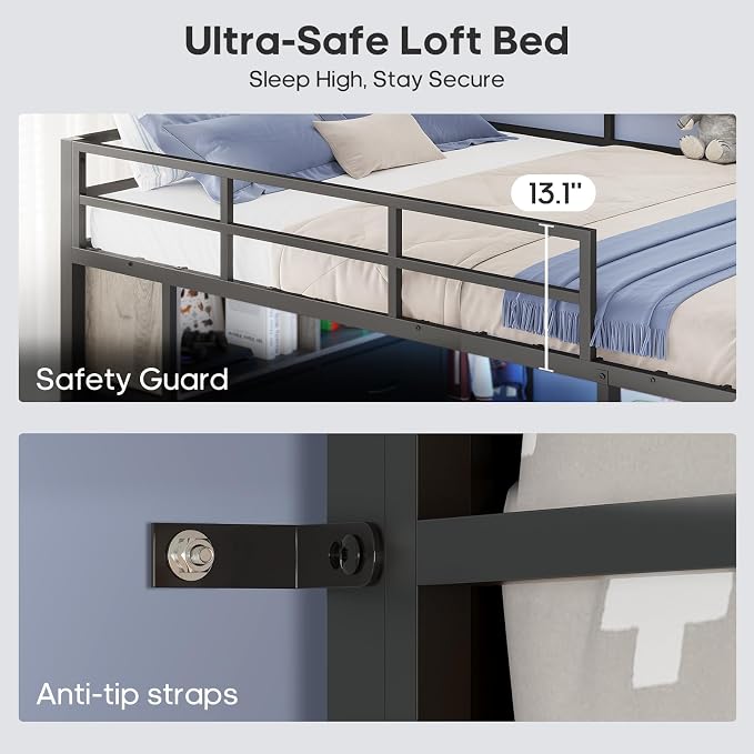 ADORNEVE Loft Bed Full Size with Desk and 8 Storage Drawers, LED Metal Loft Bed with Power Outlet, 2 Shelves & Clothing Rack, Bed with Safety Guardrail & Ladder,Space-Saving, Grey