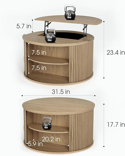 JOINICE 31.5" Round Lift Top Coffee Table,Natural Oak Modern Fluted Drum Center Table with Hidden Storage, Japandi Scandi Wood Circle Desk for Boho Living Room & Apartment