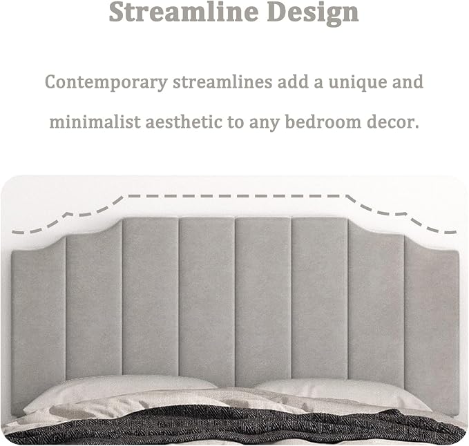 Befurtori Queen Size Headboard Only, Velvet Wall Mounted Headboard Queen Size for Adjustable Bed, Modern Vertical Channel Design with Curved Tufted Upholstered Head Board and Luxury Soft Padded, Gray
