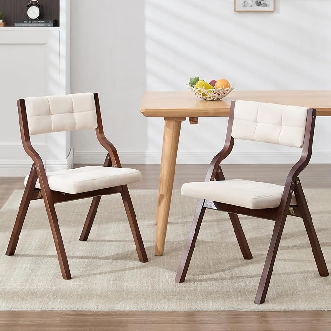 2-Pack Folding Dining Chairs with Cushion,Padded Foldable Dining Chairs,Portable Wooden Folding Chairs for Dining Rooms Kitchen Wedding and Party Indoor Walnut Beige