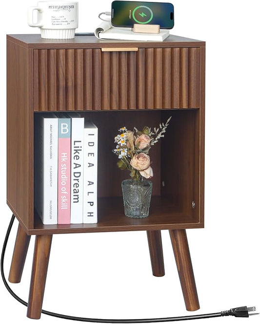 Fultyle Nightstand with Charging Station, Fluted Night Stand with USB and Type C Ports, Mid Century Modern Bedside Table with Drawer and Storage Shelf for Bedroom, Living Room, Office (Walnut Brown)