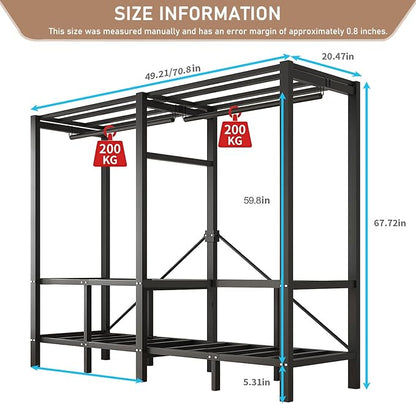 Heavy Duty Clothes Rack with Cover & Magnetic Doors, 1500lb Portable Wardrobe Closet - Foldable Freestanding Garment Rack for Bedroom, Large Storage for Hanginng Dresses Jackets (Grey, 70.8IN)