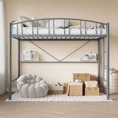 GarveeHome Loft Bed Twin Size, Heavy Duty Metal Loft Bed Frame with Arched Guardrail and Safety Ladder, Space-Saving, No Box Spring Needed, Modern Gray