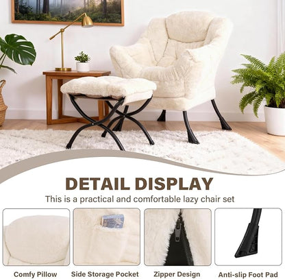 Lazy Chair with Ottoman, Modern Accent Chair Sofa Chair with Armrests, Reading Chair and Folding Footstool for Living Room, Bedroom, Office, Plush Beige
