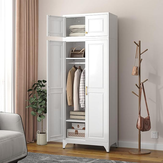 SteeLoong 86" Metal Armoire Wardrobe Closet with Doors,White Tall Clothing Storage Cabinet with Adjustable Shelves and Hanging Rod,Wardrobe Closet for Bedroom,Home,Office,Gym