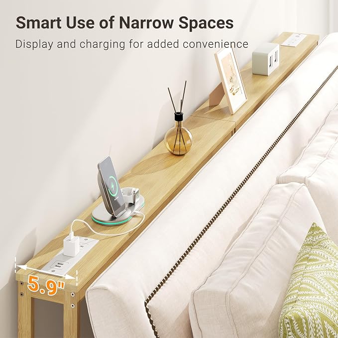 ELYKEN Bamboo Narrow Console Table with Charging Station, Slim Sofa Table Behind Couch, Entryway Table with Outlets for Living Room, Hallway, 5.9 x 39.4 x 31.1in, Natural