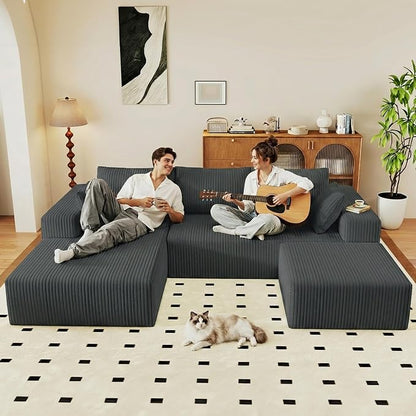 95" Cloud Sectional Couch U-Shaped Chaise with Ottoman, Corduroy Boneless Couch for Living Room Bedroom, Deep-Seat Upholstered Modular Cloud Sofa, No Assembly Required (Grey, Left Facing Chaise)