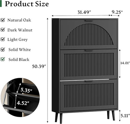 Xixini Shoe Storage Cabinet with 3 Flip Drawers, 50" Tall Narrow Wood Fluted Shoe Organizer for Entryway, Freestanding Wooden Hidden Slim Shoe Rack for Front Door Entrance, Hallway, Foyer, Solid Black