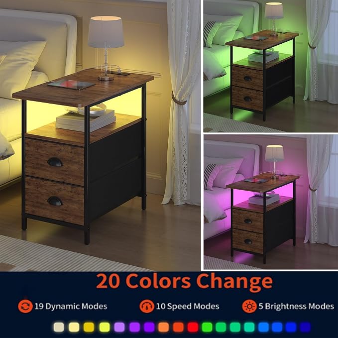 sthmec End Table with Charging Station, Narrow Side Table with 2 Drawers, LED Nightstands with Drawers, USB Ports&Power Oulets,Slim Sofa Side Tables for Small Spaces,Living Room,Bedroom,Rustic Brown