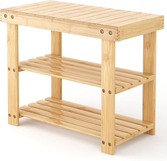 DUMOS Wooden Shoe Rack Bench with Storage, 3-Tier Bamboo Entryway Benches, Shoe Rack Holds Up to 286 lb Storage Organizer, 11.3 x 19.7 x 17.8 Inches, Suitable for Bedroom Living Room Balcony, Wood