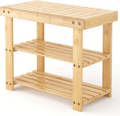 DUMOS Wooden Shoe Rack Bench with Storage, 3-Tier Bamboo Entryway Benches, Shoe Rack Holds Up to 286 lb Storage Organizer, 11.3 x 19.7 x 17.8 Inches, Suitable for Bedroom Living Room Balcony, Wood