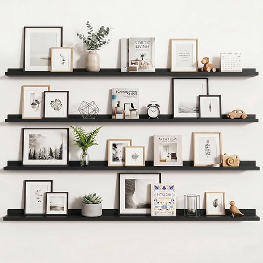 Axeman 72 Inch Floating Shelves | Black Picture Ledge Shelf Set of 4 | Rustic Wood Wall Shelves with Lip | 72" Black Picture Shelves for Wall with Ledge | Photo Shelves