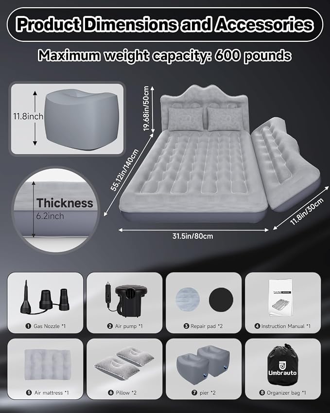 Umbrauto Car Air Mattress Bed: Inflatable SUV Camping Sleeping Pad for Truck Back Seat with Pump & Pillows, Blow Up Backseat Car Mattress for Van Rear Seat