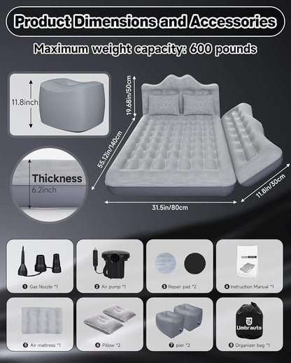 Umbrauto Car Air Mattress Bed: Inflatable SUV Camping Sleeping Pad for Truck Back Seat with Pump & Pillows, Blow Up Backseat Car Mattress for Van Rear Seat