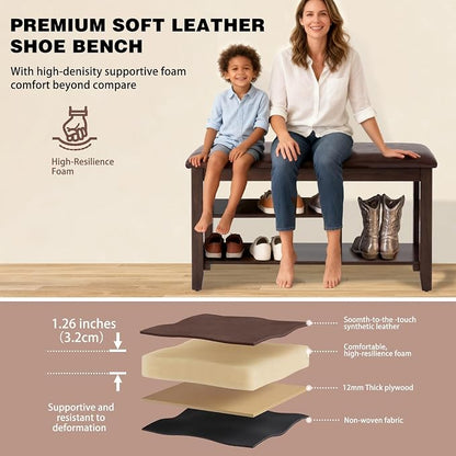 PY HOME & SPORTS Shoe Rack for Entryway 31.5": 2-Tier Shoe Storage Bench, Adjustable/Removable Shelves, Rubberwood Shoe Benches for Hallway, Porch, Bathroom, Brown