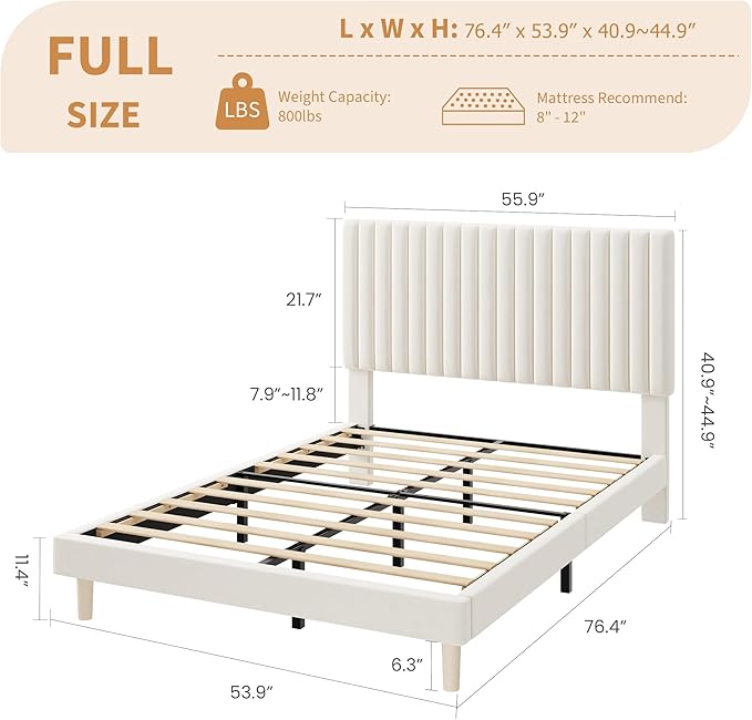 IDEALHOUSE Full Bed Frame with Adjustable Headboard, Velvet Upholstered Platform Full Size Bed Frame, Vertical Channel Tufted, Strong Wooden Slats, No Box Spring Needed, Easy Assembly, Beige