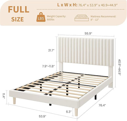 IDEALHOUSE Full Bed Frame with Adjustable Headboard, Velvet Upholstered Platform Full Size Bed Frame, Vertical Channel Tufted, Strong Wooden Slats, No Box Spring Needed, Easy Assembly, Beige