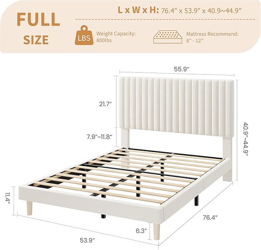 IDEALHOUSE Full Bed Frame with Adjustable Headboard, Velvet Upholstered Platform Full Size Bed Frame, Vertical Channel Tufted, Strong Wooden Slats, No Box Spring Needed, Easy Assembly, Beige