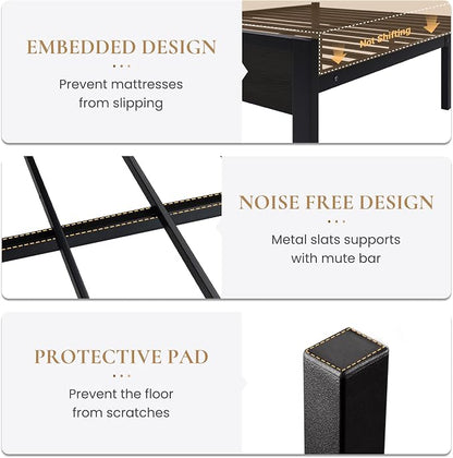 SHA CERLIN Full Size Bed Frame with Led Light & Built-in Charging Station, Wooden Headboard with Storage Shelf, Metal Platform Bed, Under Bed Storage, No Box Spring Needed, Noise Free, Black