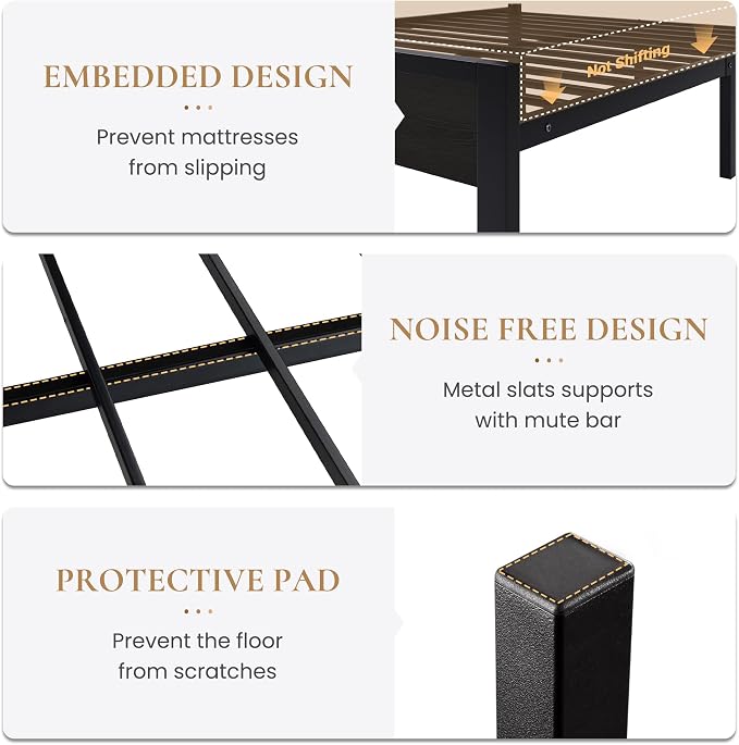 SHA CERLIN Twin Size Bed Frame with Led Light & Built-in Charging Station, Wooden Headboard with Storage Shelf, Metal Platform Bed, Under Bed Storage, No Box Spring Needed, Noise Free, Black