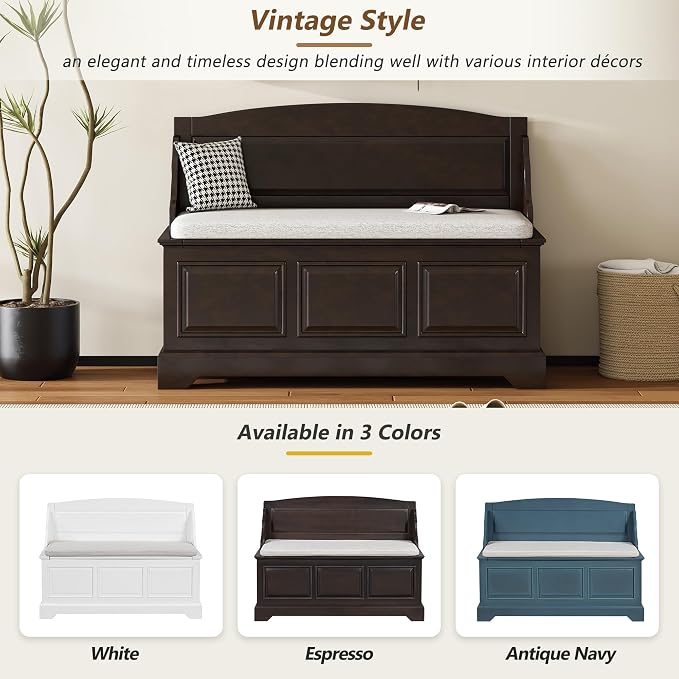 Knocbel Rustic Entry Storage Bench with Hidden Compartments and Removable Cushion, Wooden Entryway Hallway Foyer Shoe Bench Bedroom End of Bed Bench (Espresso and Beige)