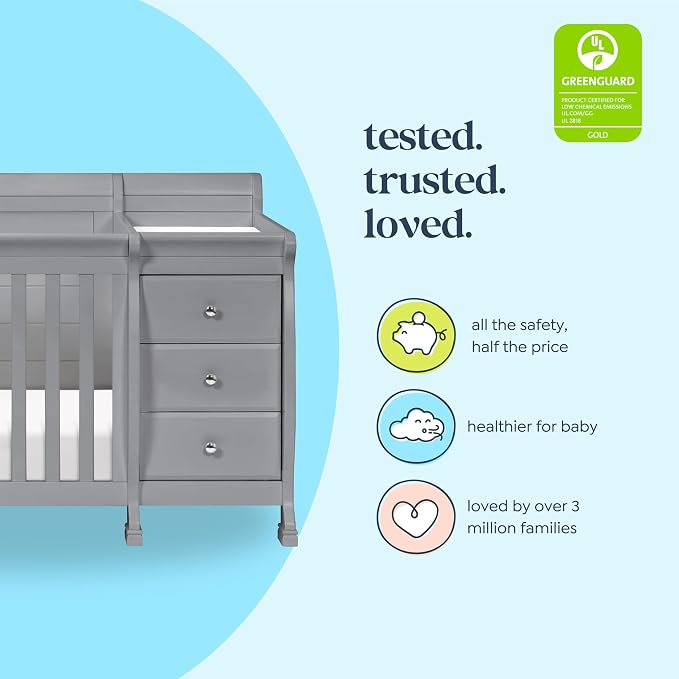 Davinci Kalani 4-in-1 Convertible Crib & Changer Combo, Gray | GREENGUARD Gold Certified, Converts to Toddler Bed, Daybed & Full-Size Bed, 4 Adjustable Mattress Heights, Easy to Assemble