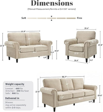 Kingfun Loveseat 2&3 Seater Couch with Chair, Mid Century Modern Chenille Sofa Set with Rolled Arms and Deep Seats, Fluffy Comfort for Living Room, Apartment, Easy Assembly, Khaki