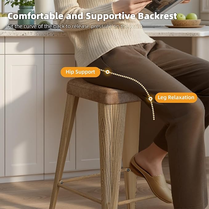 Bar Stools Set of 4, 24" Counter Height Bar Stools Backless, Upholstered Bar Stools with Metal Legs for Kitchen Island, Study Room, Cafe, Walnut