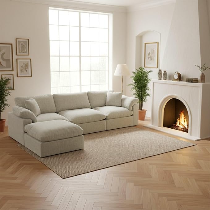 Modular Sectional Sofa Cloud Couch,Down Filled Comfy Cloud Modern Sofa,Light Beige Linen L Shape Oversized Couch Cushion Covers Removable Furniture for Living Room